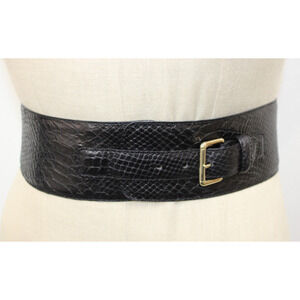 Vintage Rene Lezard Women's Black Leather Wide Buckle Belt Small 75 CM 28"-30"